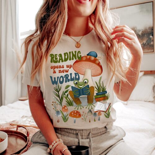 Vintage Frog Reading Story Time Librarian Bookish Literature Lover Shirt image 0