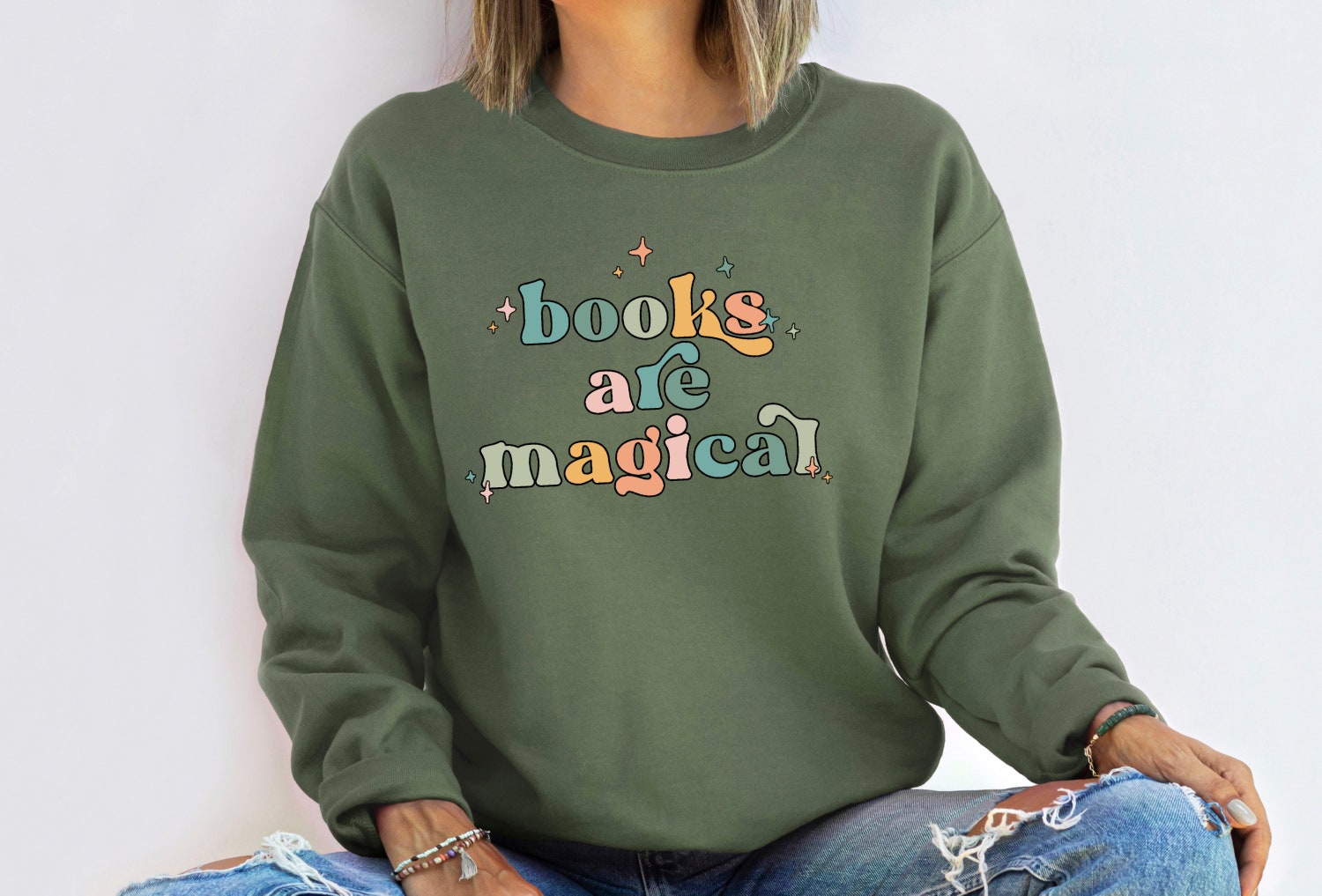 Retro Books Are Magical Cute Teacher Lover Reading Group Librarian Sweatshirt image 2