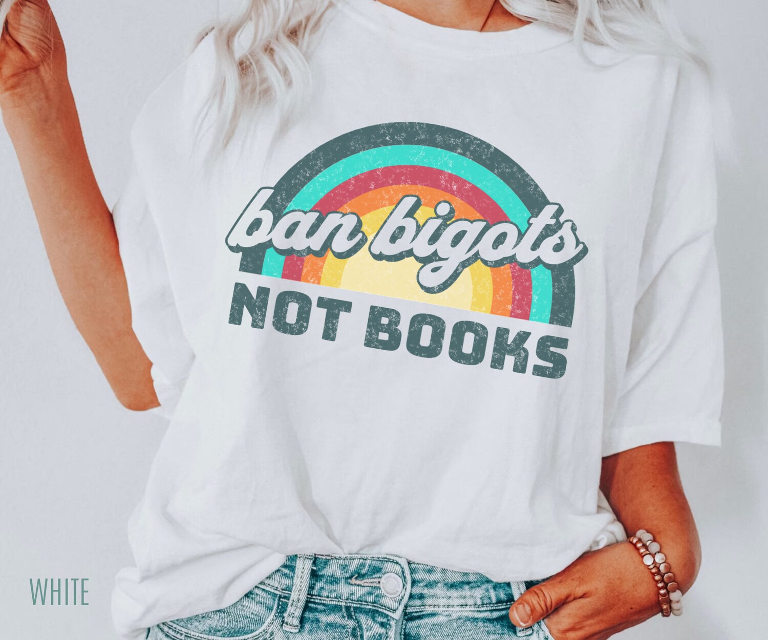 Ban Bigots Not Books Lovers Reading Librarian Literature Rainbow Shirt image 2