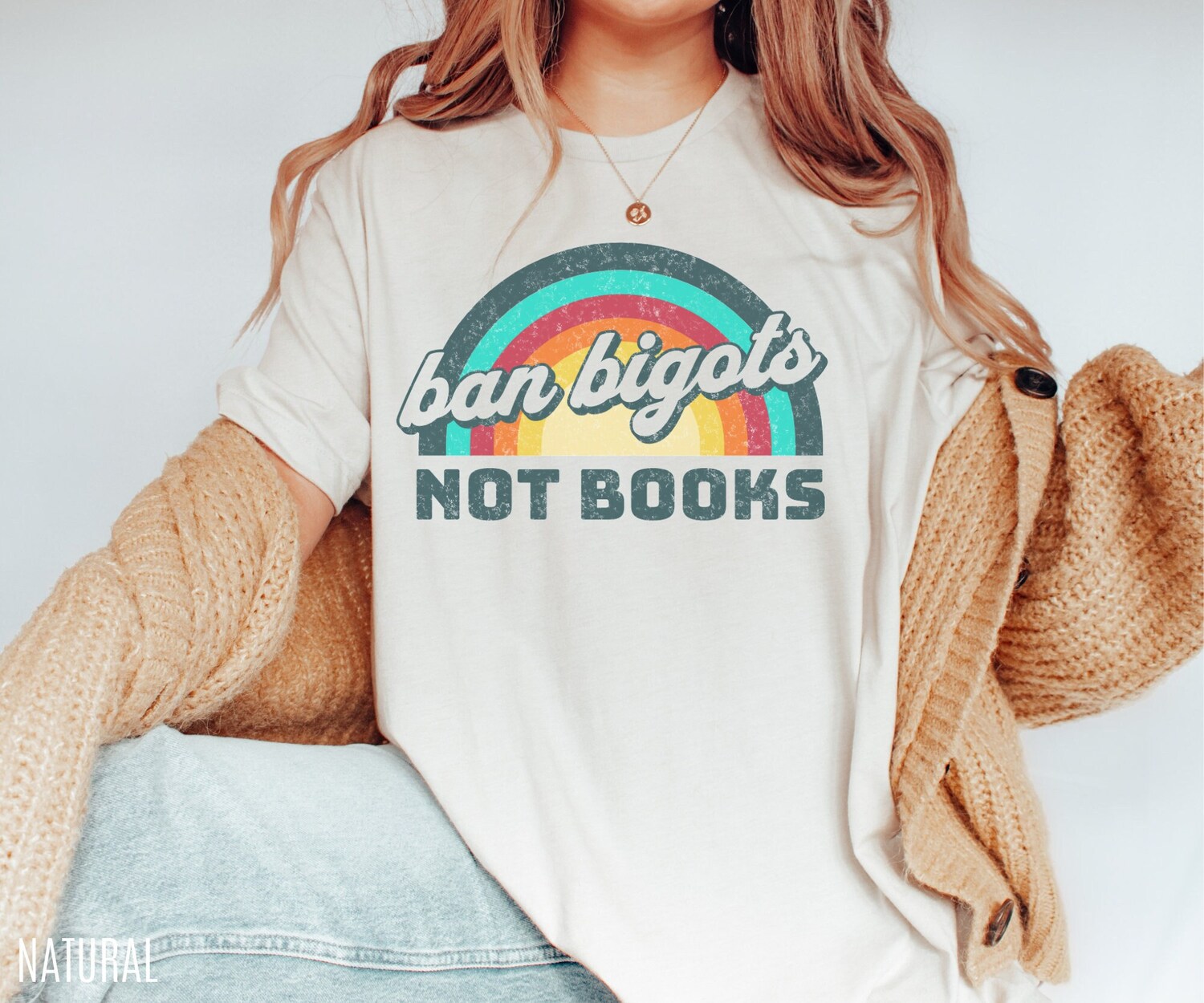 Ban Bigots Not Books Lovers Reading Librarian Literature Rainbow Shirt image 1