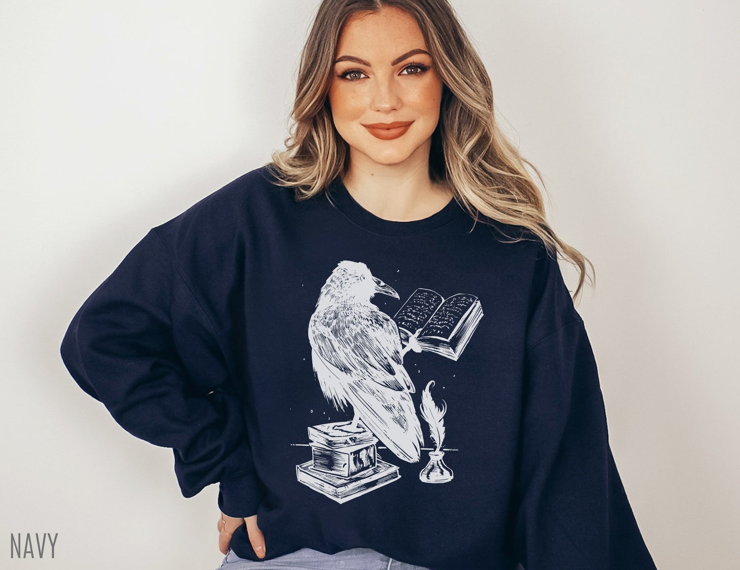 Dark Academia Raven Reading Book Lover Goth Literature Bird Sweatshirt image 3