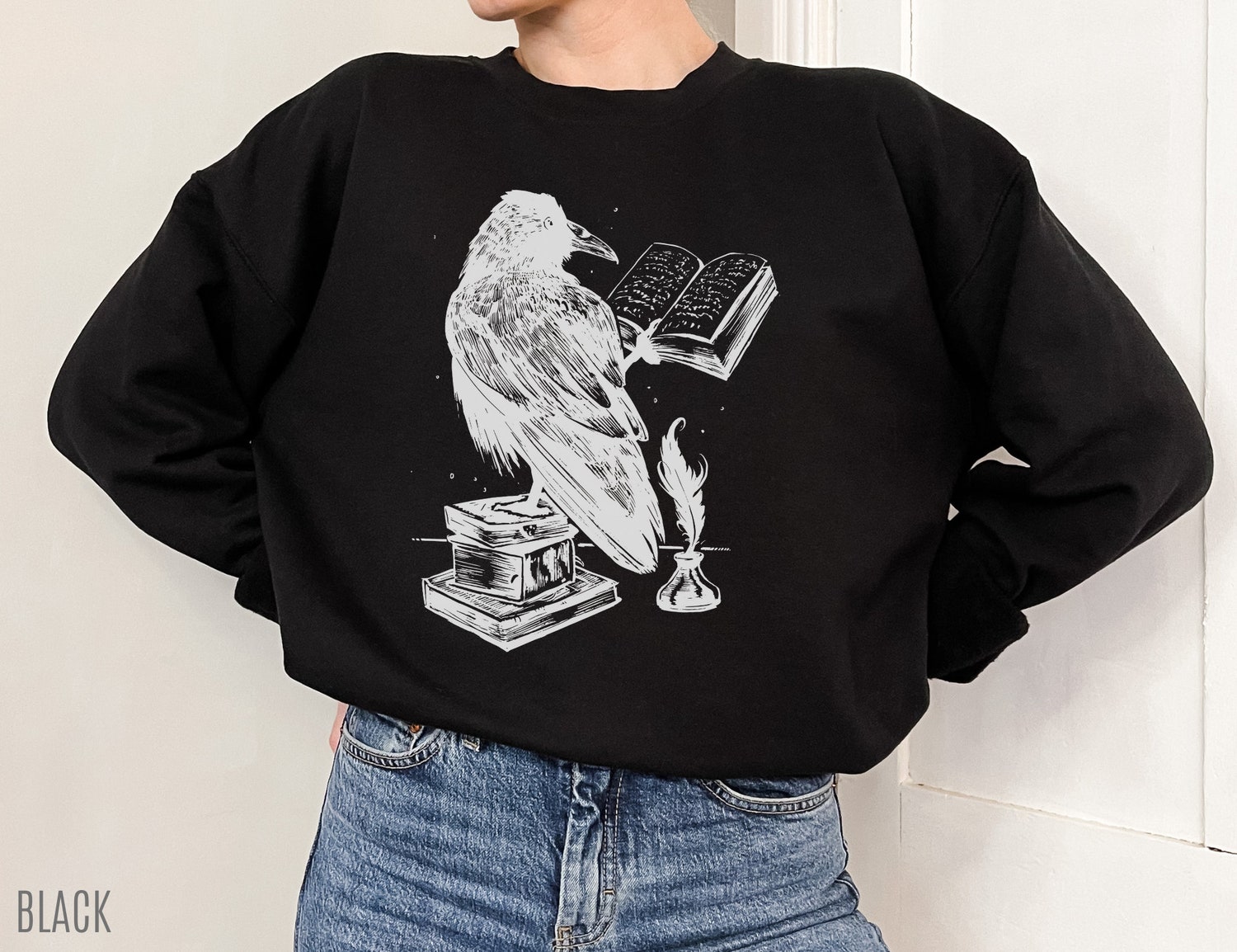 Dark Academia Raven Reading Book Lover Goth Literature Bird Sweatshirt image 1