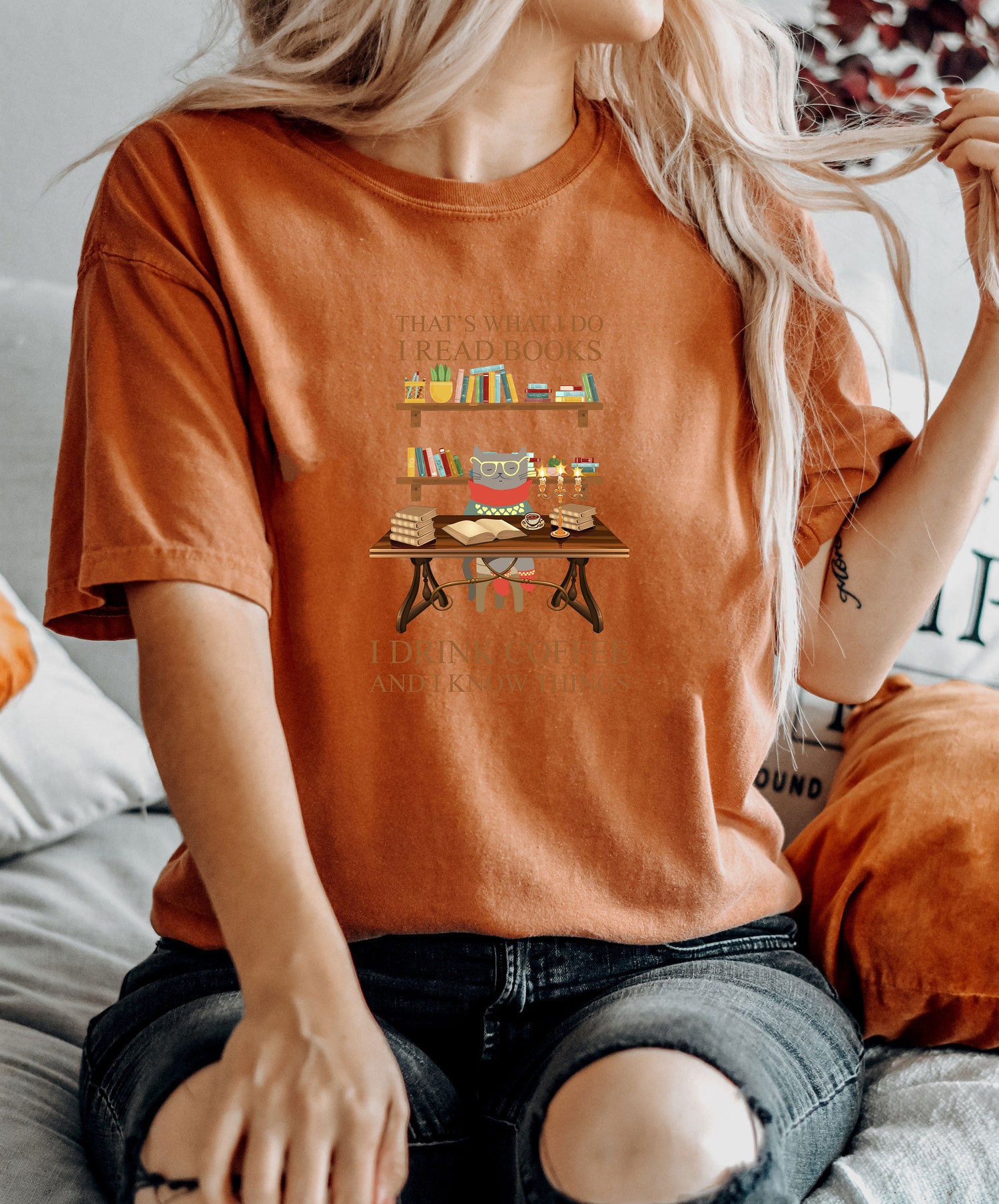 That's What I Do Read Books Drink Coffee And Know Things Cat Mom Reader Library Shirt image 4