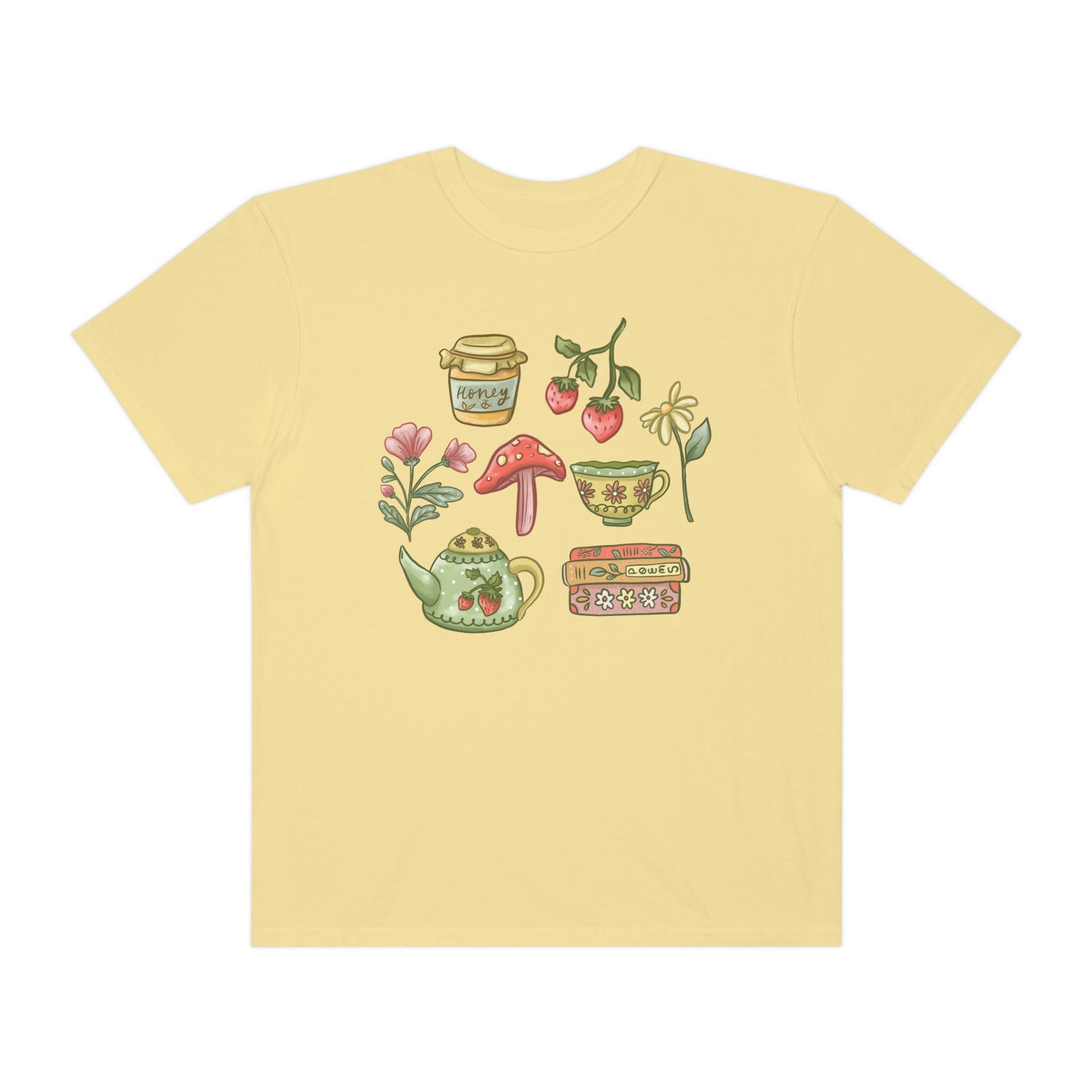 Cottagecore Spring Aesthetic Bookish Tea Time Strawberry Botanical Shirt image 4