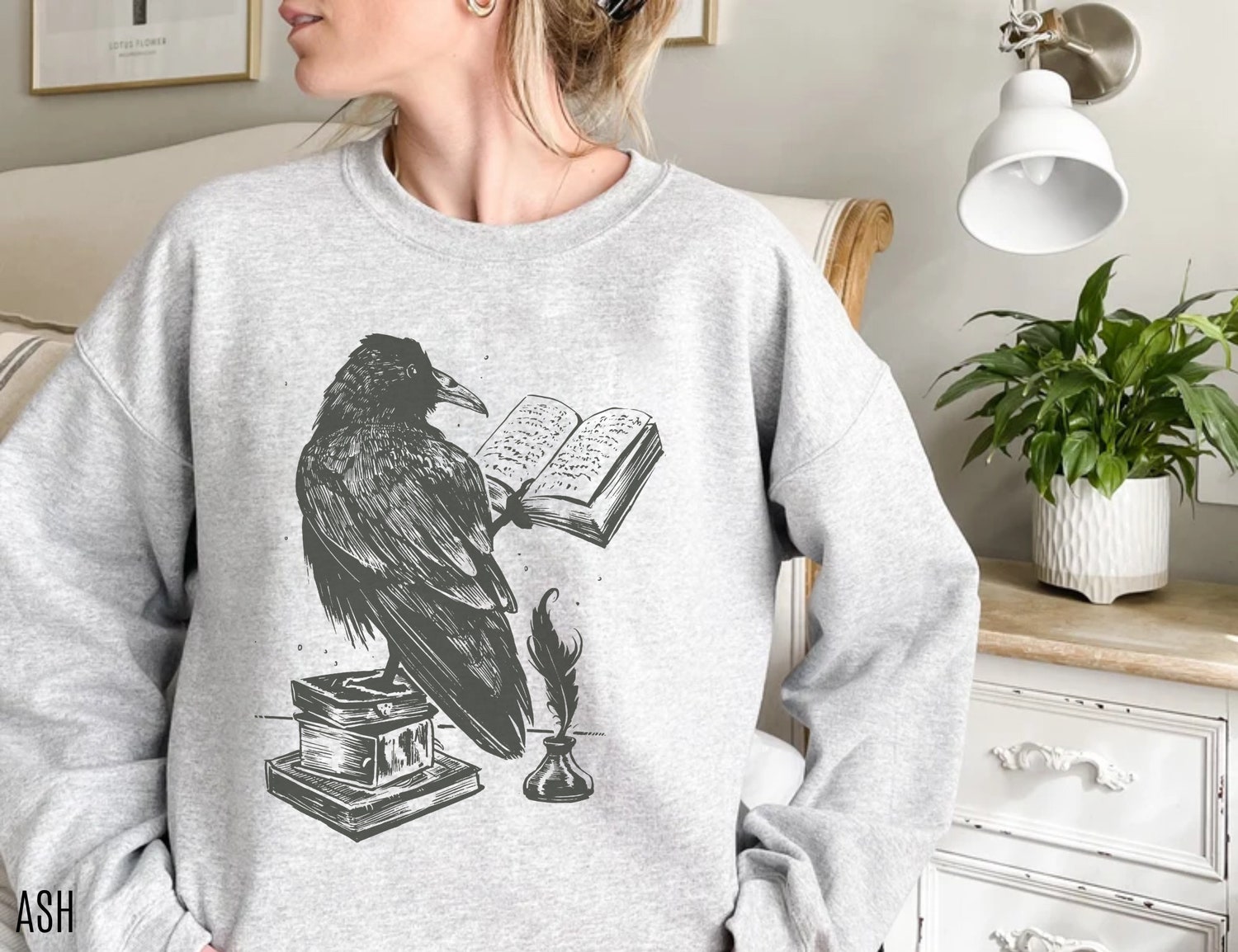 Dark Academia Raven Reading Book Lover Goth Literature Bird Sweatshirt image 4