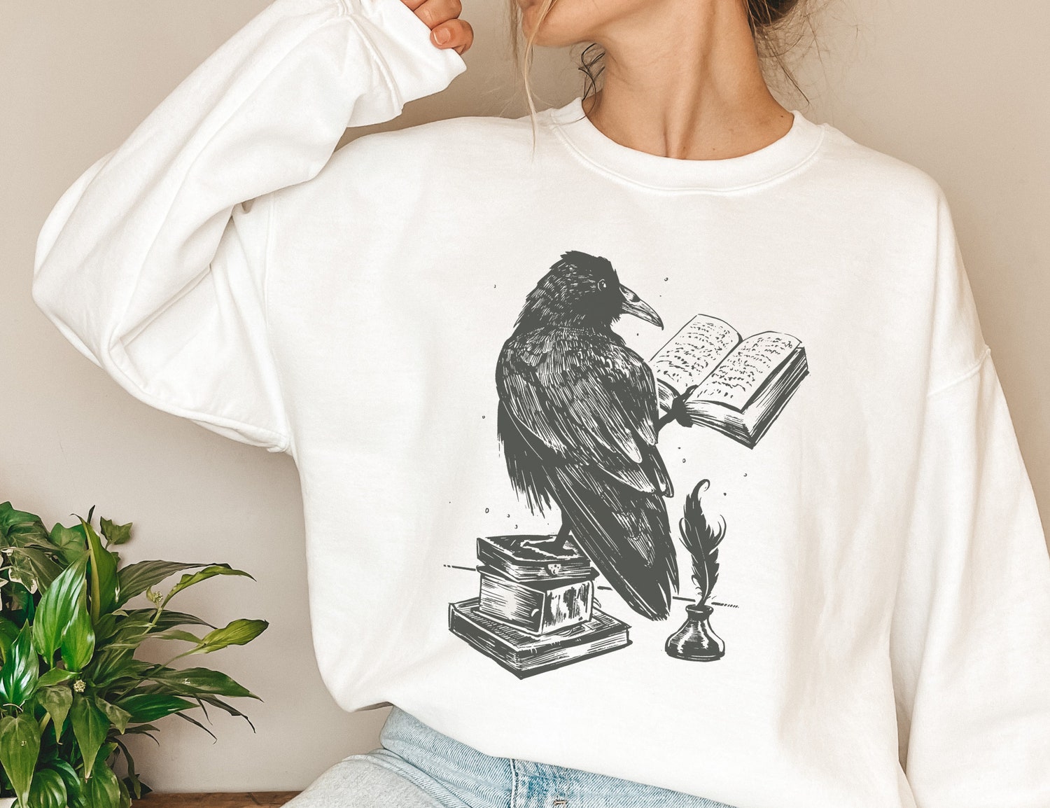 Dark Academia Raven Reading Book Lover Goth Literature Bird Sweatshirt image 2