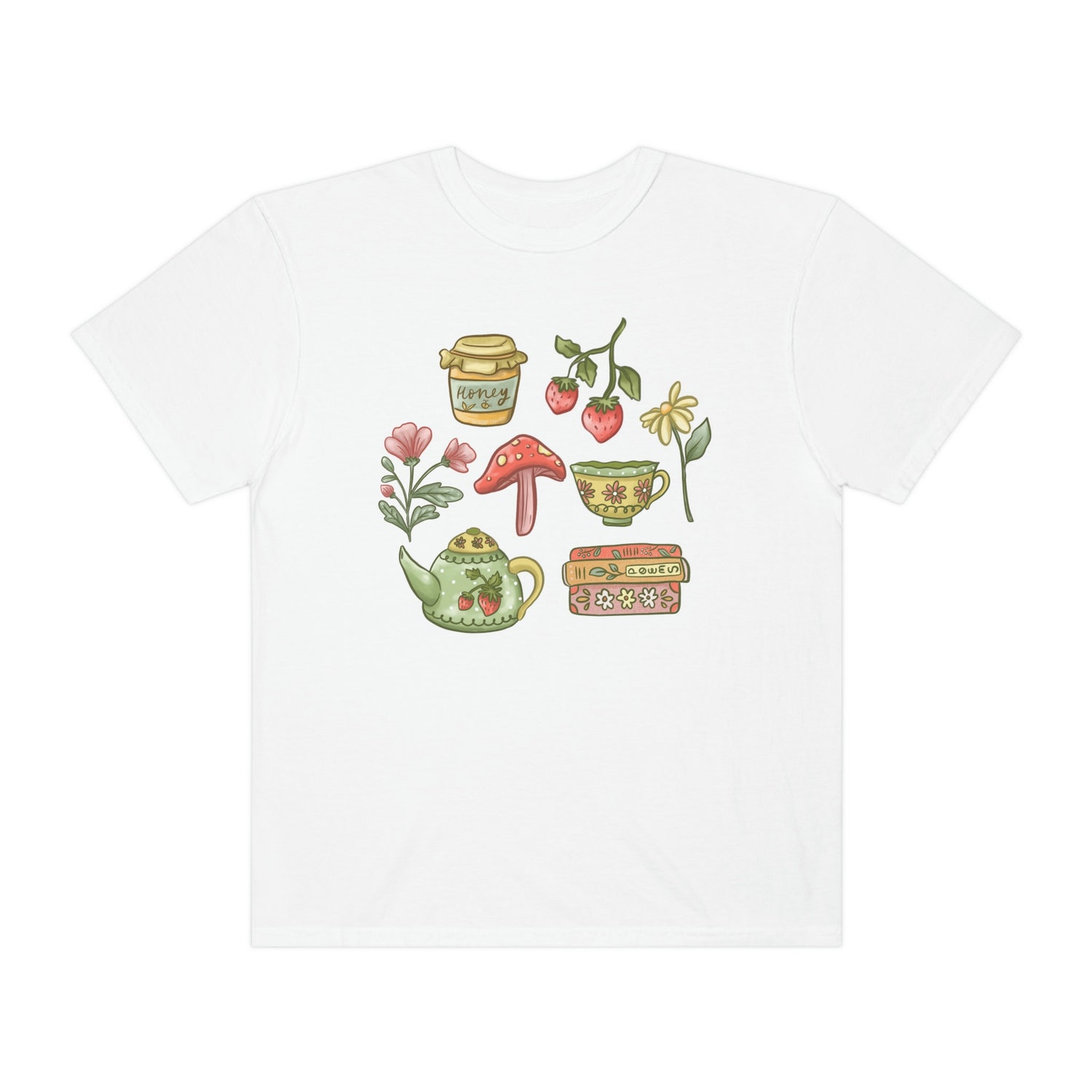 Cottagecore Spring Aesthetic Bookish Tea Time Strawberry Botanical Shirt image 3