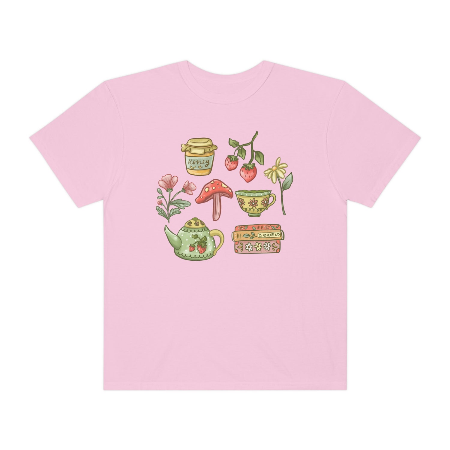 Cottagecore Spring Aesthetic Bookish Tea Time Strawberry Botanical Shirt image 5