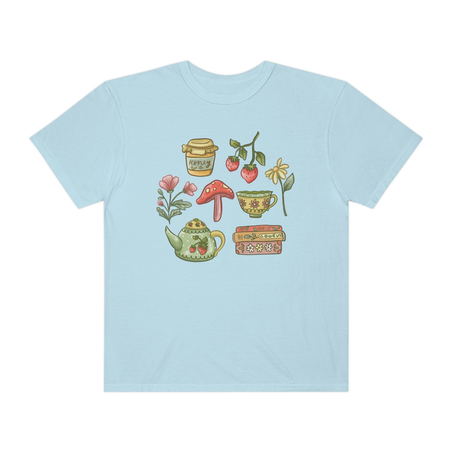 Cottagecore Spring Aesthetic Bookish Tea Time Strawberry Botanical Shirt image 6