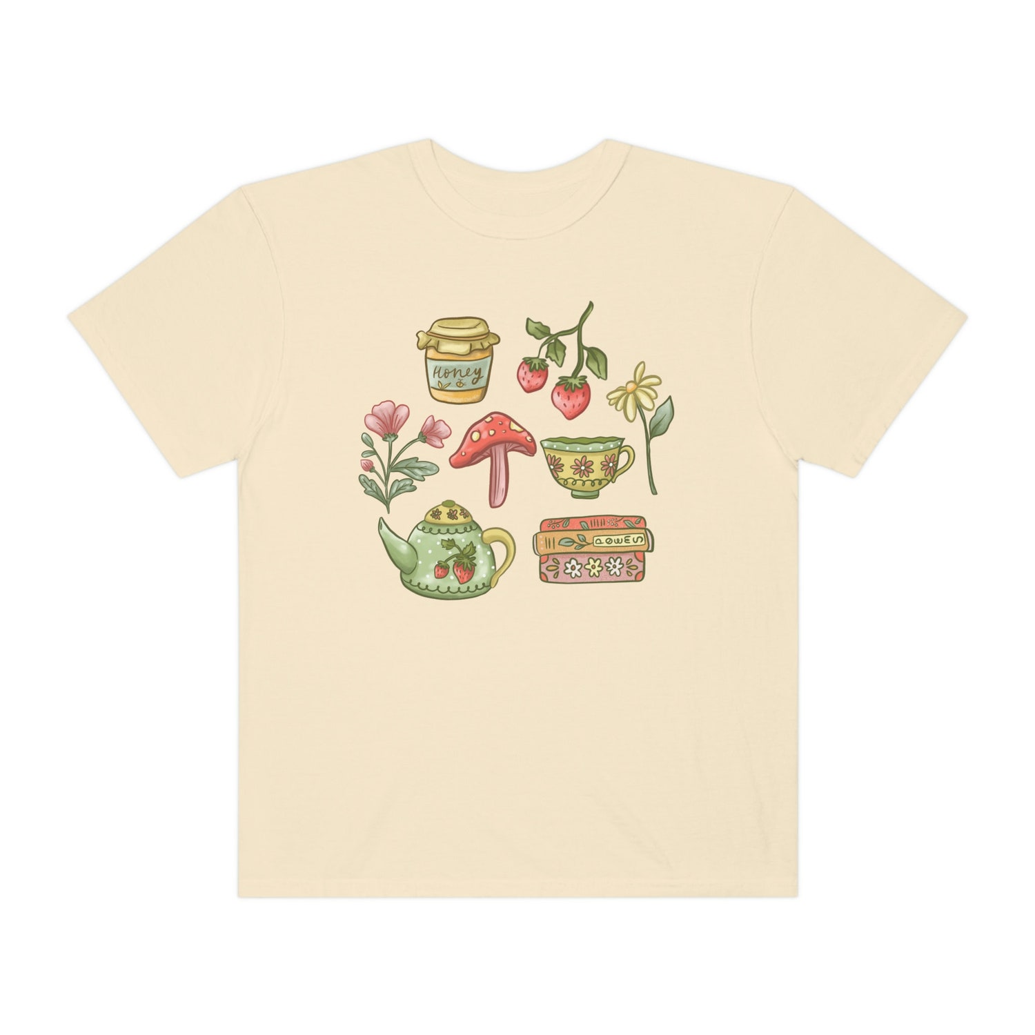 Cottagecore Spring Aesthetic Bookish Tea Time Strawberry Botanical Shirt image 7