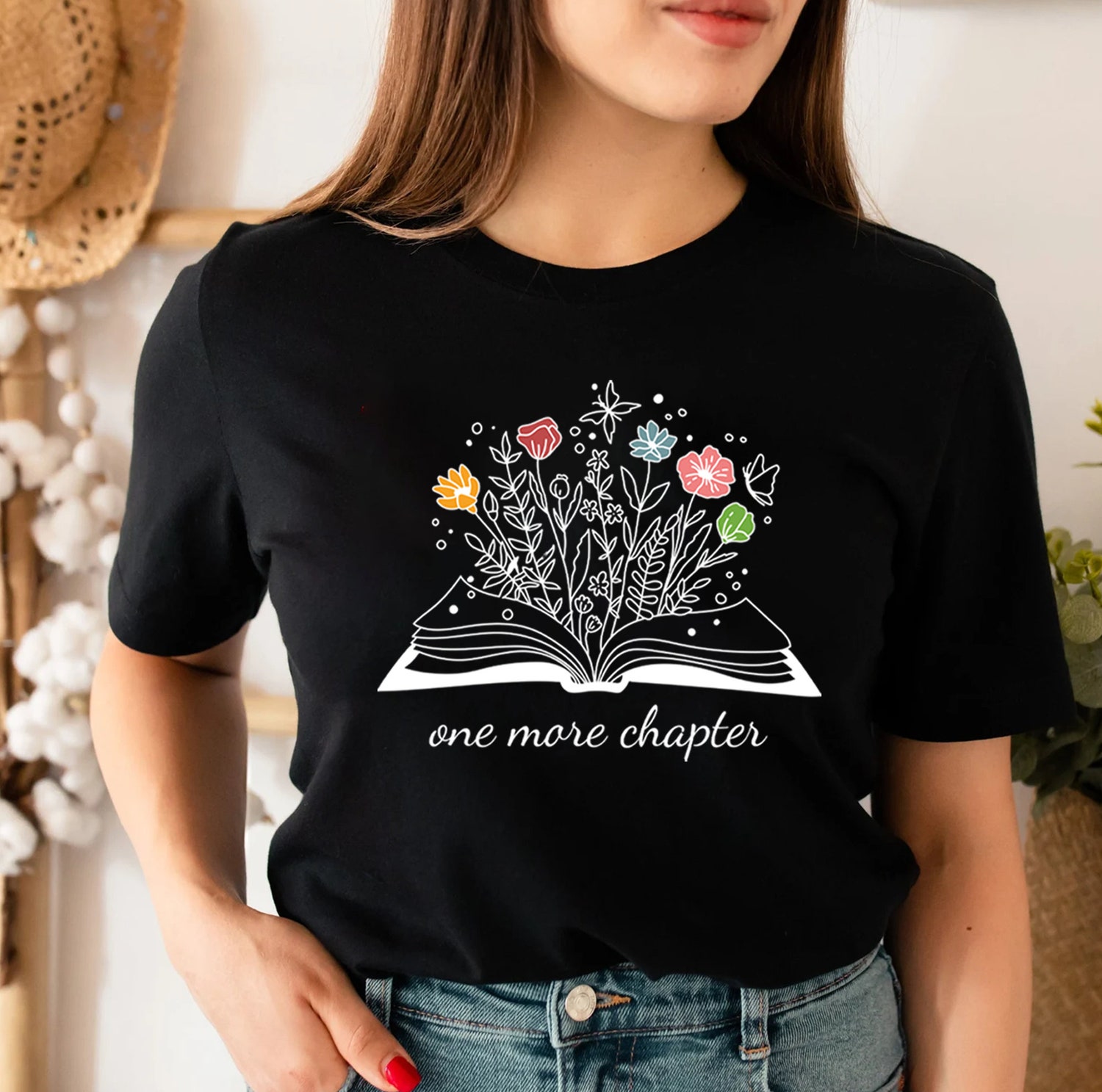 One More Chapter Bookish Funny Reading Nerd Librarian Cute Women Floral Flower Shirt image 7