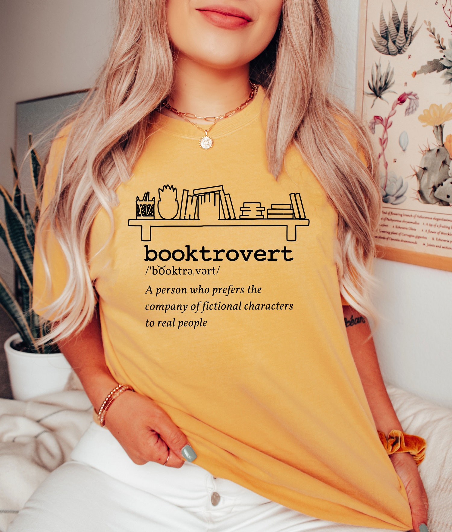 Booktrovert Definition Worm Librarian Reading Funny Lover Plant Cactus Shirt image 1