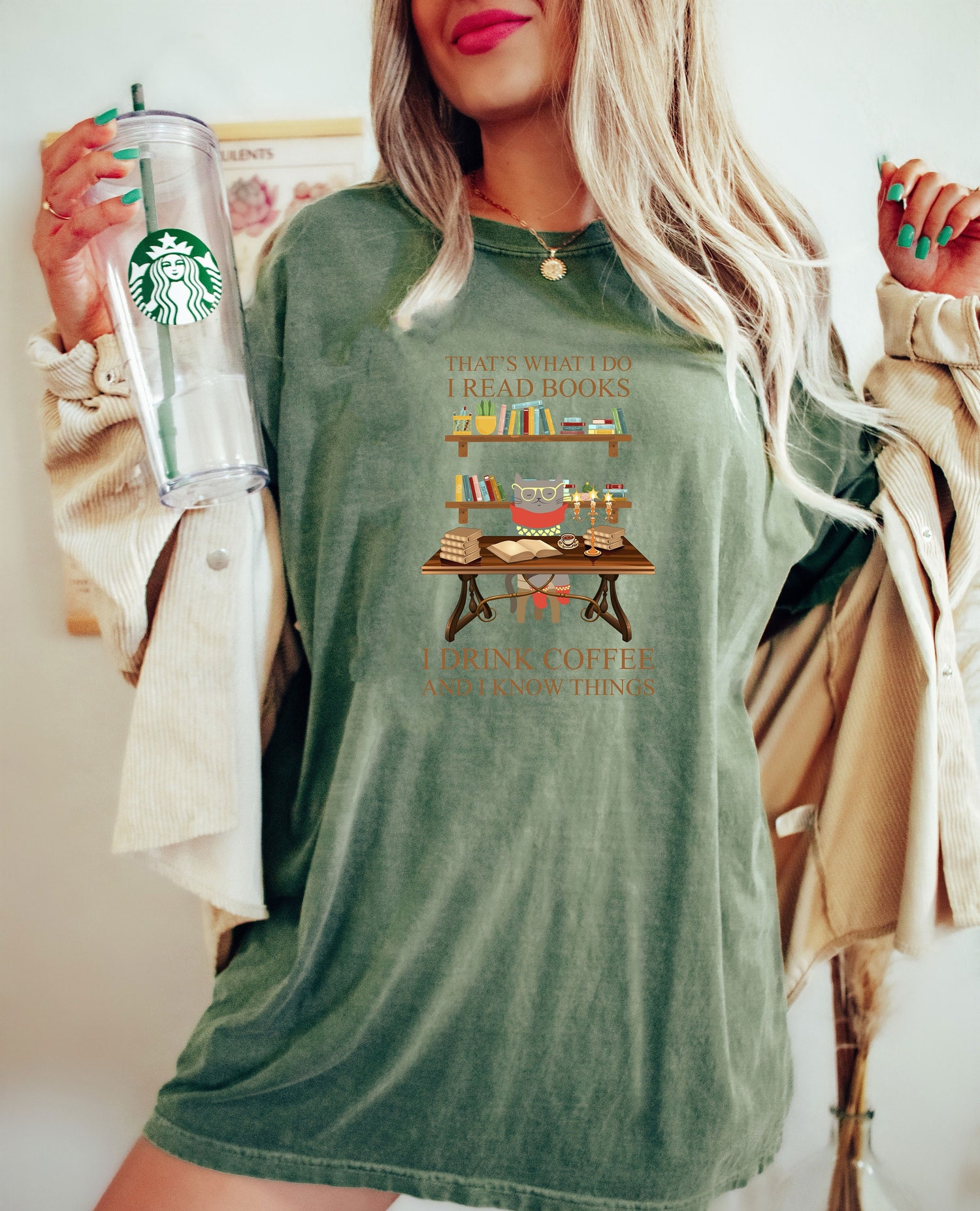 That's What I Do Read Books Drink Coffee And Know Things Cat Mom Reader Library Shirt image 1