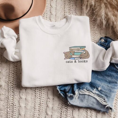 Cats And Books Lover Mom Dad Reading Librarian Teacher Cute Sweatshirt image 0