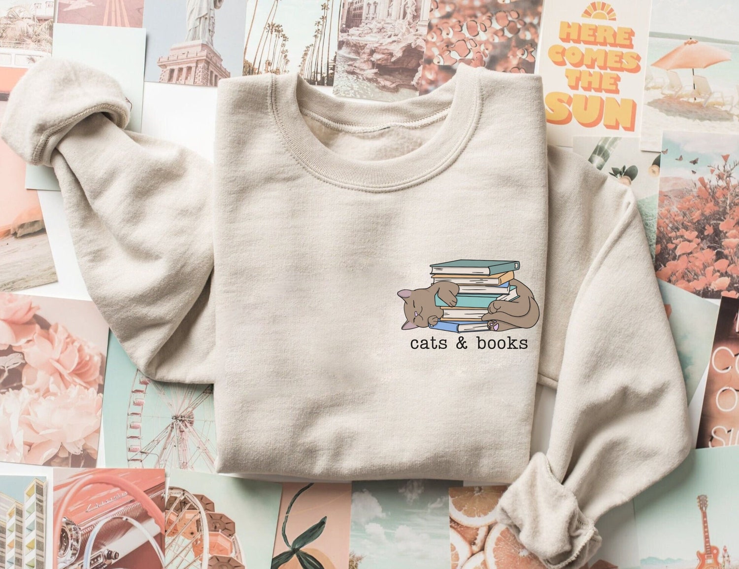 Cats And Books Lover Mom Reading Dad Women Teacher Librarian Sweatshirt image 1