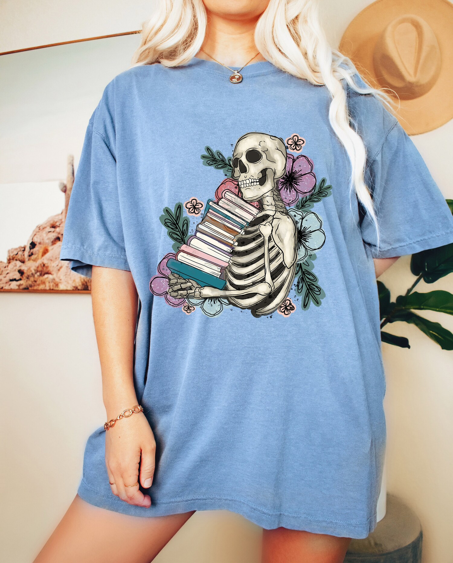 Vintage I Love Books Skeleton Reading Banned Flower Floral Women Shirt image 2