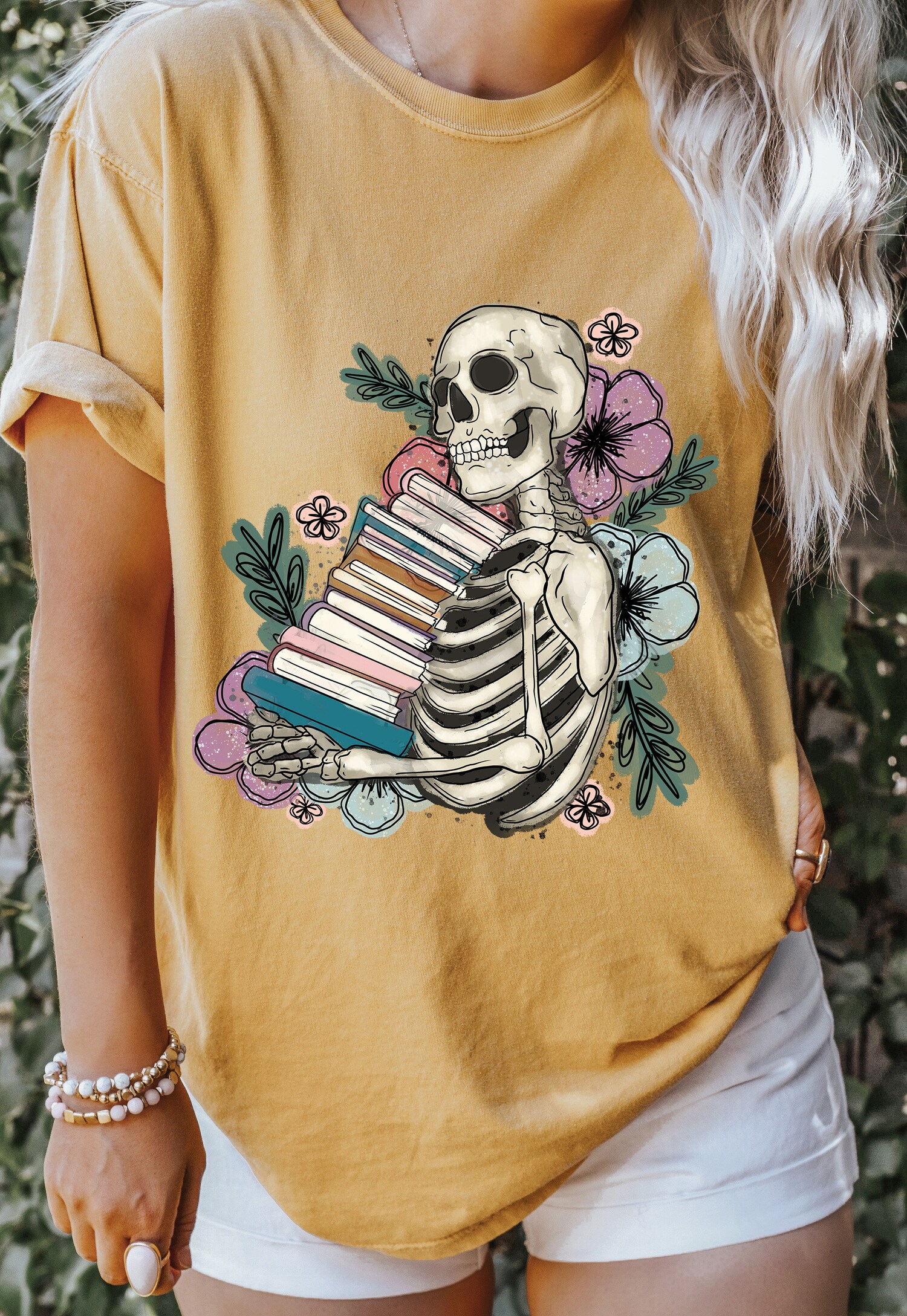 Vintage I Love Books Skeleton Reading Banned Flower Floral Women Shirt image 5