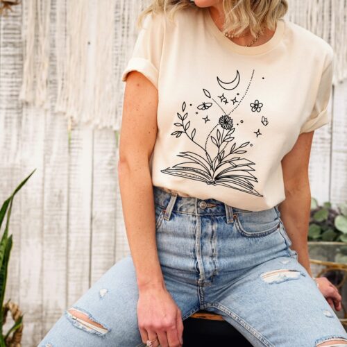 Magical Book Lover Reading Librarian Flower Floral Teacher Celestial Shirt image 0