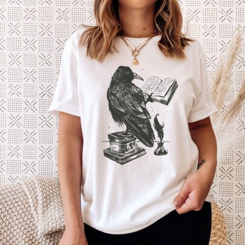 Dark Academia Raven Reading A Book Literature Romance Fantasy Lover Shirt image 0