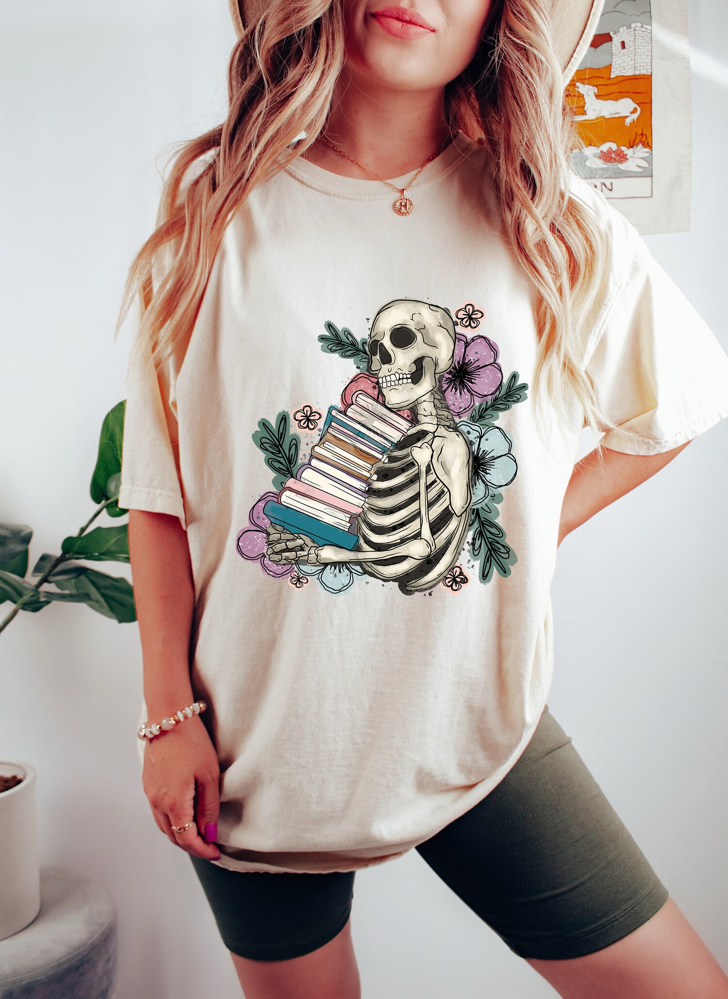 Vintage I Love Books Skeleton Reading Banned Flower Floral Women Shirt image 1