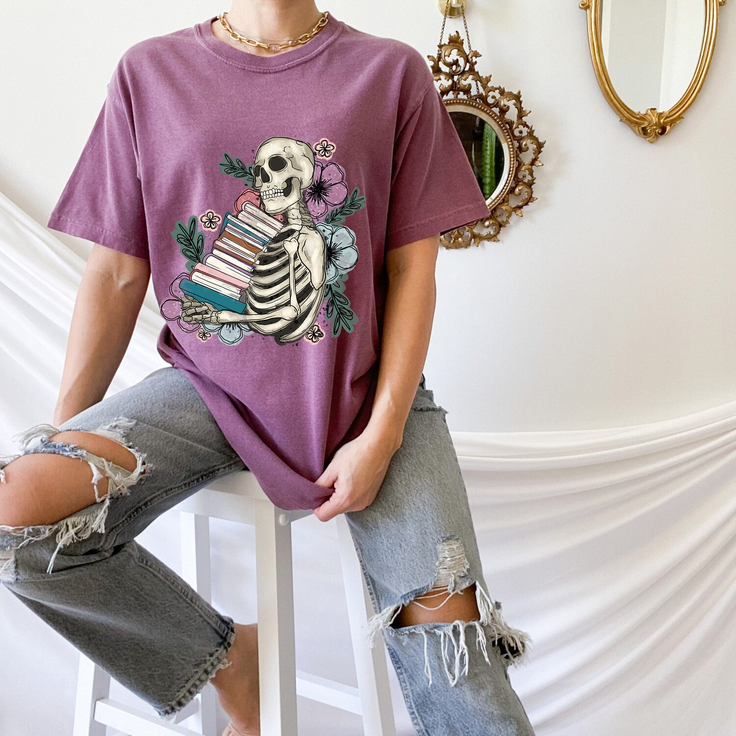 Vintage I Love Books Skeleton Reading Banned Flower Floral Women Shirt image 4