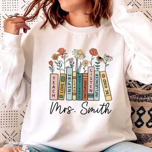 Teacher Book Custom Flower Love Inspire Back To School Appreciation Shirt image 0