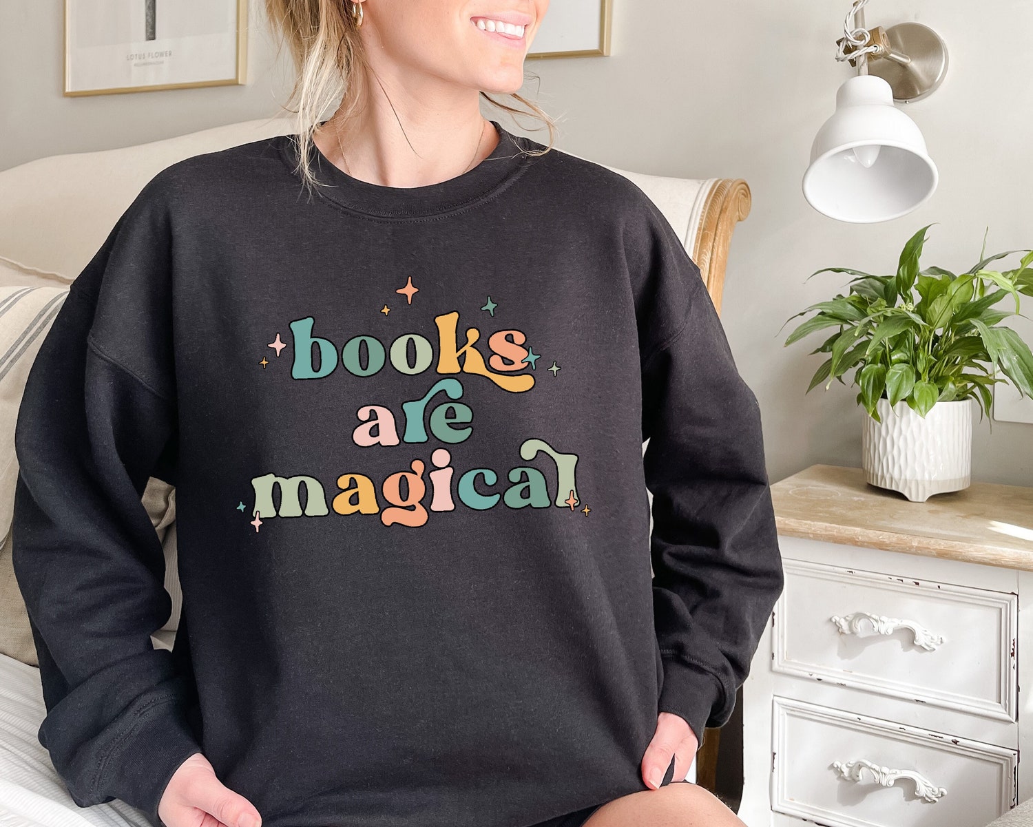 Retro Books Are Magical Cute Teacher Lover Reading Group Librarian Sweatshirt image 1