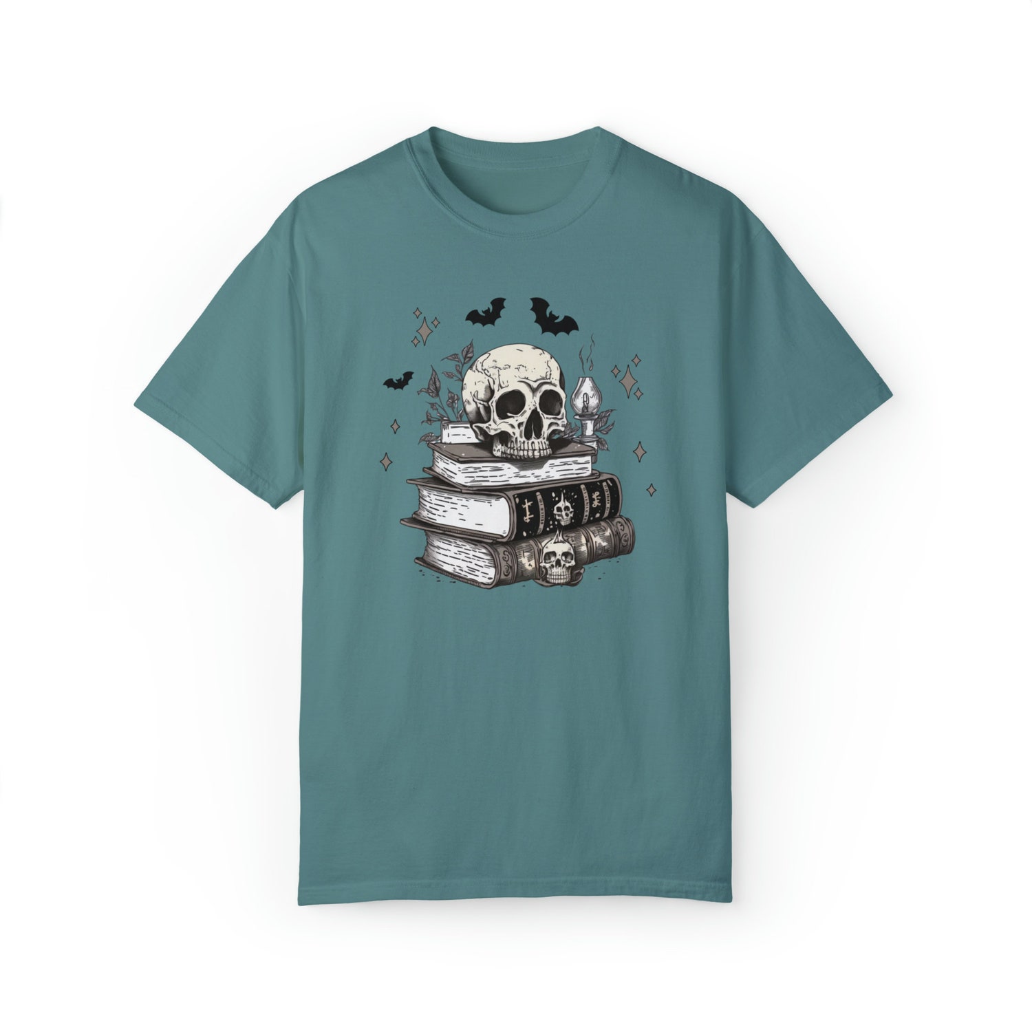 Halloween Death By TBR Fall Books Spooky Reading Skull Skeleton Bat Shirt image 4