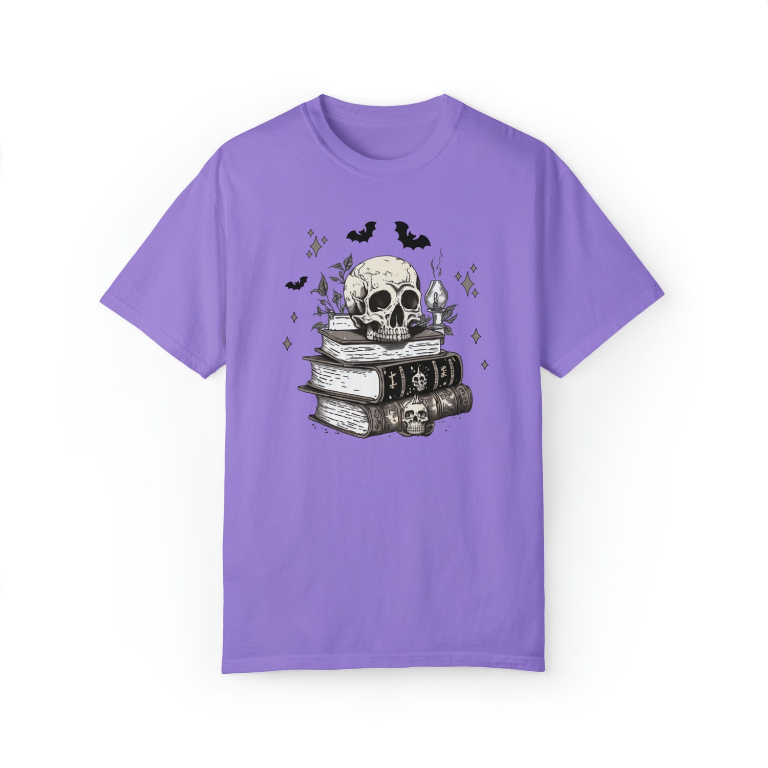 Halloween Death By TBR Fall Books Spooky Reading Skull Skeleton Bat Shirt image 5