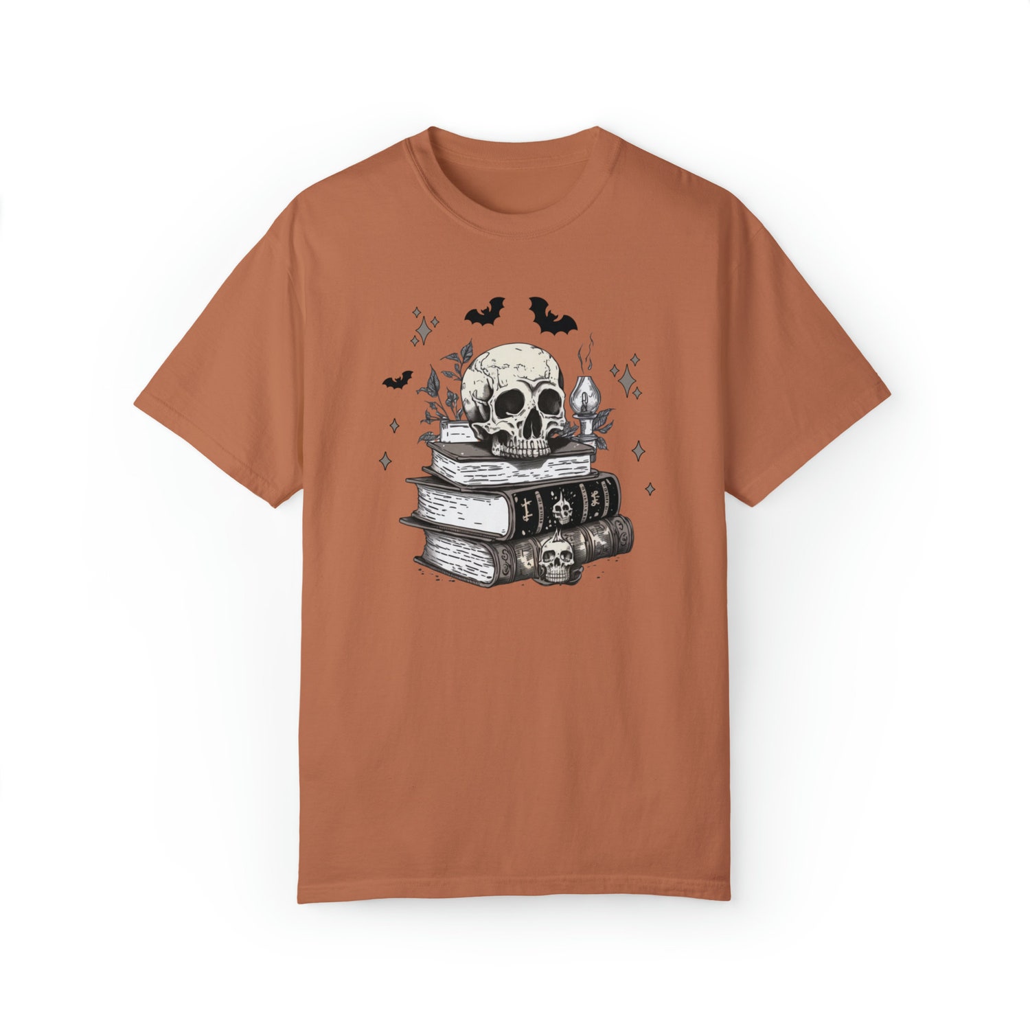 Halloween Death By TBR Fall Books Spooky Reading Skull Skeleton Bat Shirt image 6