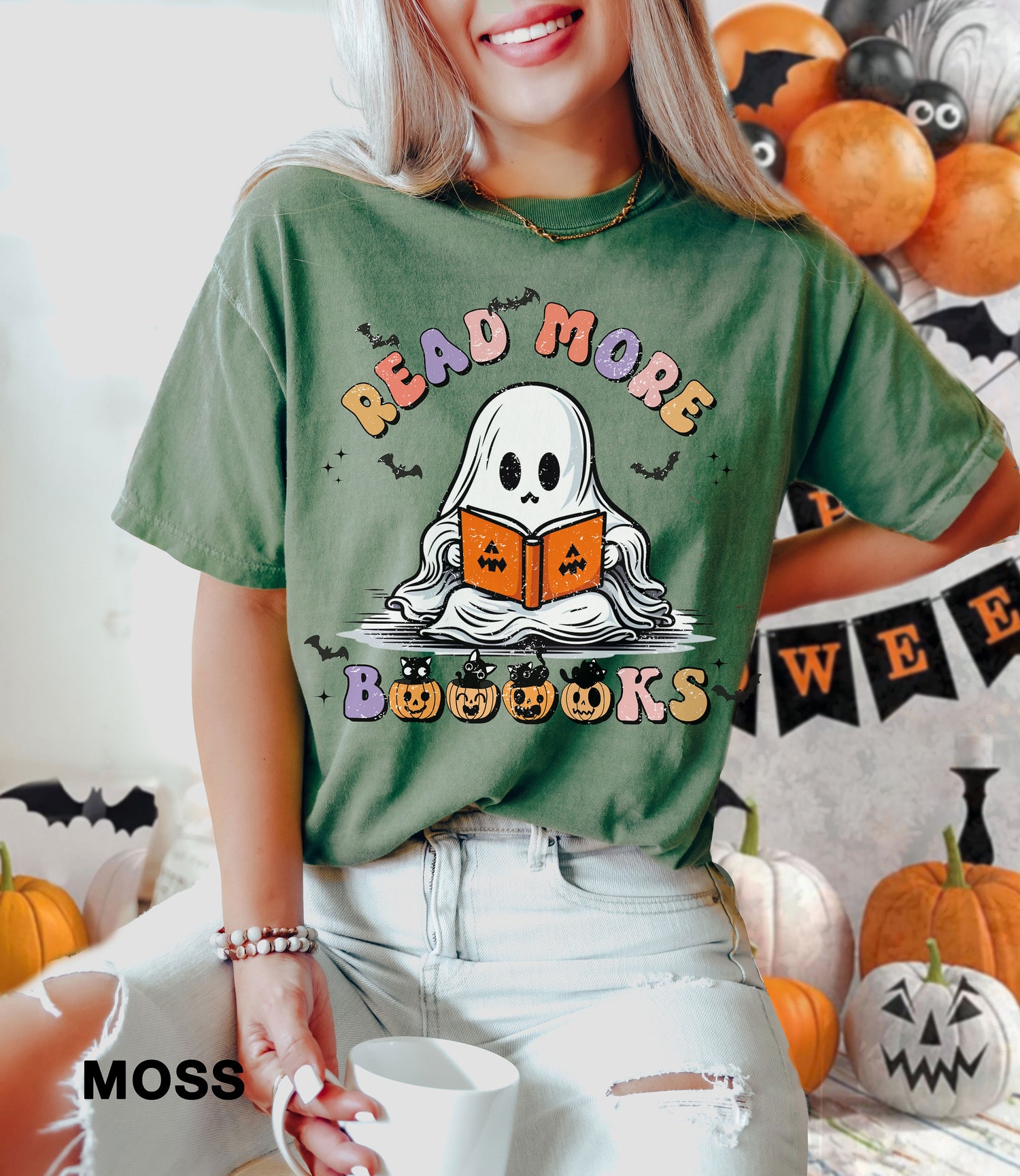 Read More Books Spooky Teacher Ghost Halloween Librarian Pumpkin Shirt image 4