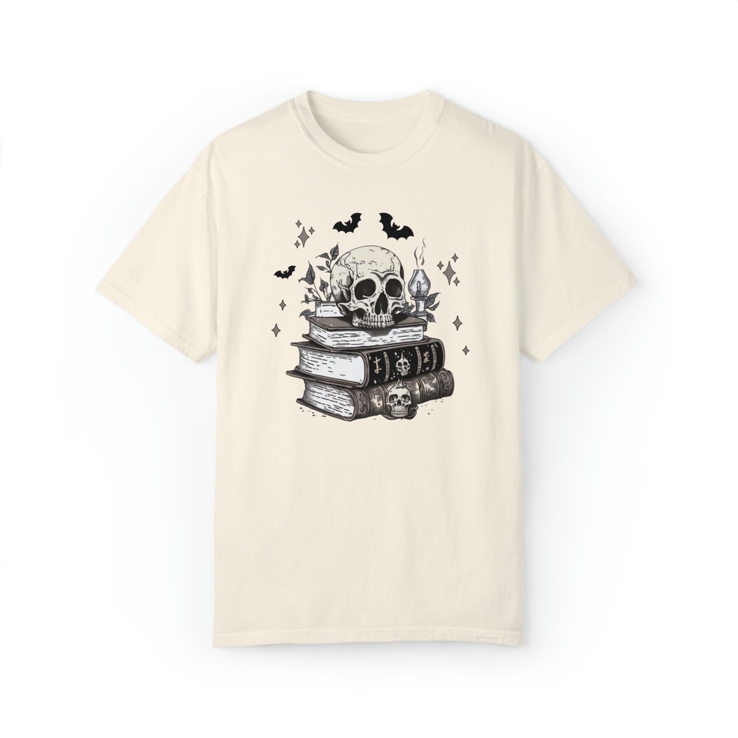 Halloween Death By TBR Fall Books Spooky Reading Skull Skeleton Bat Shirt image 3