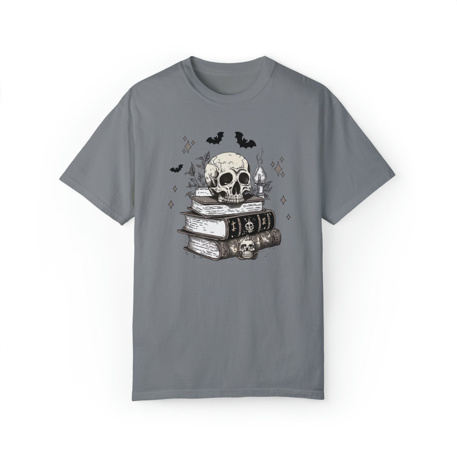 Halloween Death By TBR Fall Books Spooky Reading Skull Skeleton Bat Shirt image 7