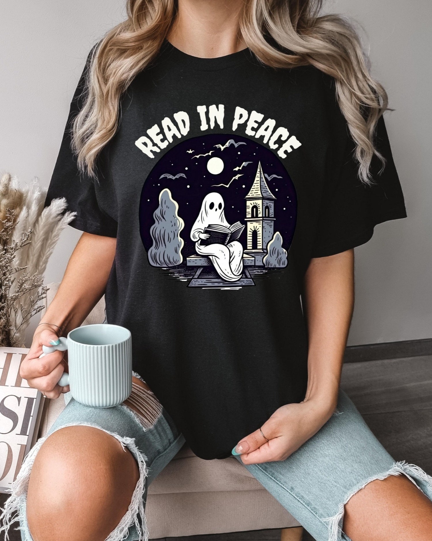 Retro Halloween Ghost Reading Book Teacher Librarian Spooky Season Trendy Lover Shirt image 3