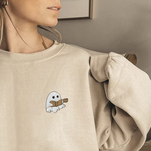 Embroidered Ghost Reading Book Drinking Coffee Cute Halloween Lover Sweatshirt image 0