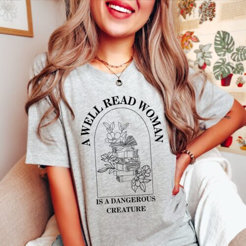 Light Academia A Well Read Woman Floral Book Lover Reading Literature Shirt image 0