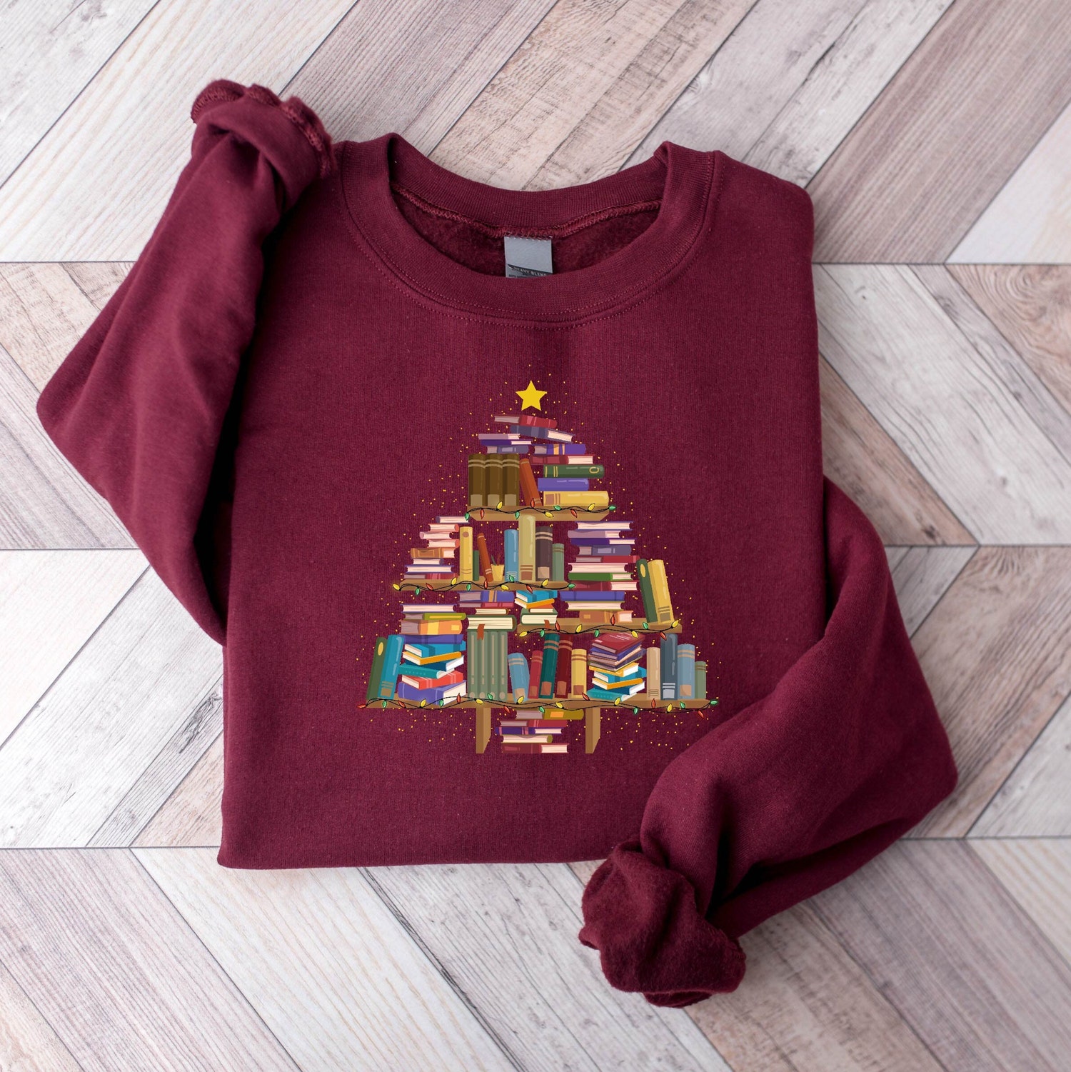 Christmas Book Tree Lover Women Cute Holiday Winter Librarian Sweatshirt image 1