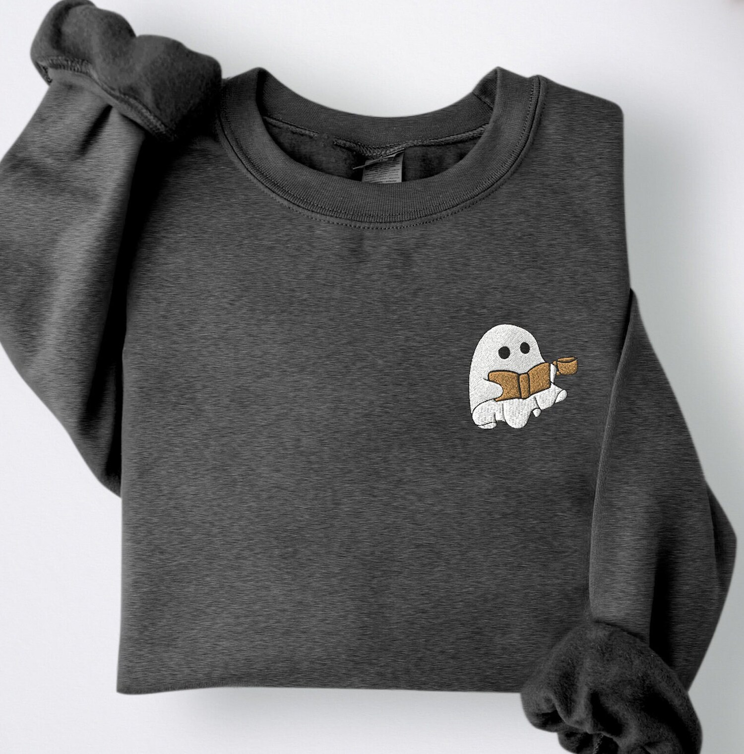 Embroidered Ghost Reading Book Drinking Coffee Cute Halloween Lover Sweatshirt image 6