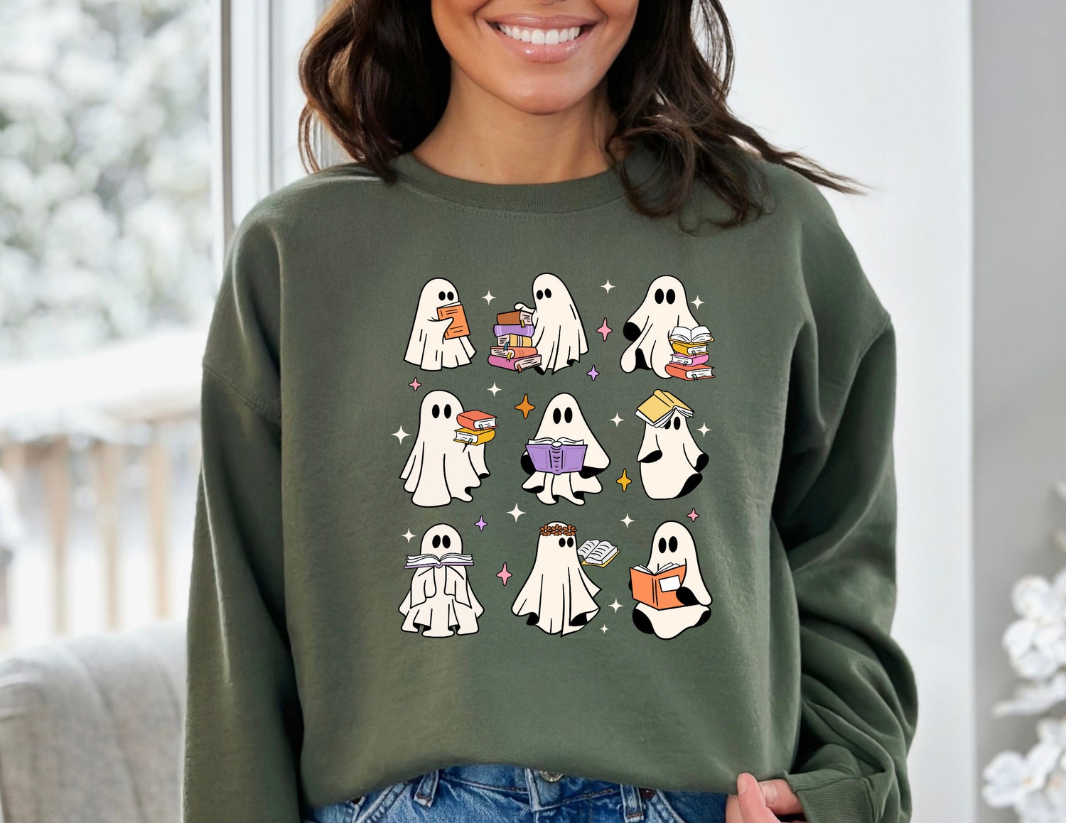 Ghost Reading Books Librarian Halloween Nerd Party Cute Funny Sweatshirt image 2