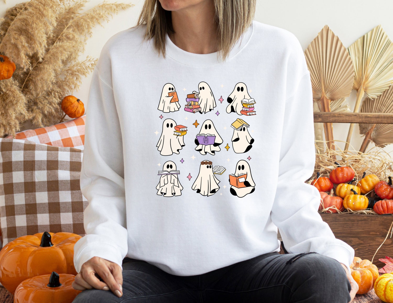 Ghost Reading Books Librarian Halloween Nerd Party Cute Funny Sweatshirt image 5