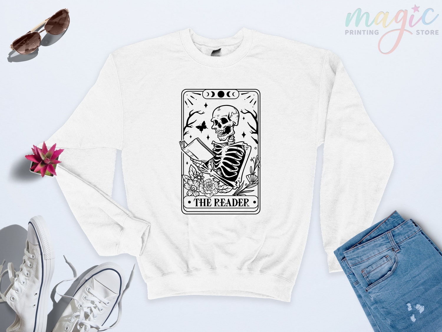 The Reader Tarot Card Skeleton Reading Book Lovers Women Flower Hoodie image 1