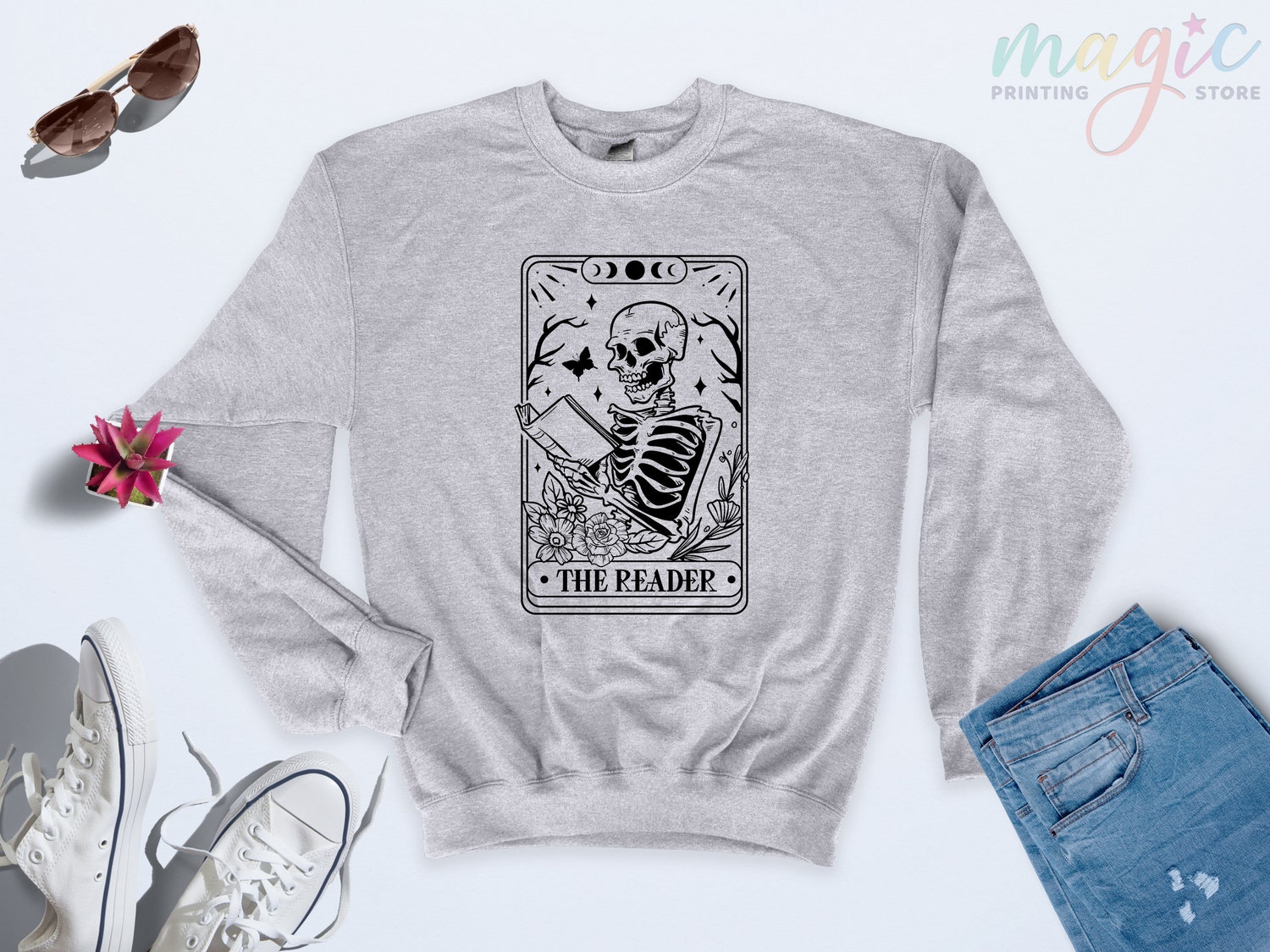 The Reader Tarot Card Skeleton Reading Book Lovers Women Flower Hoodie image 2