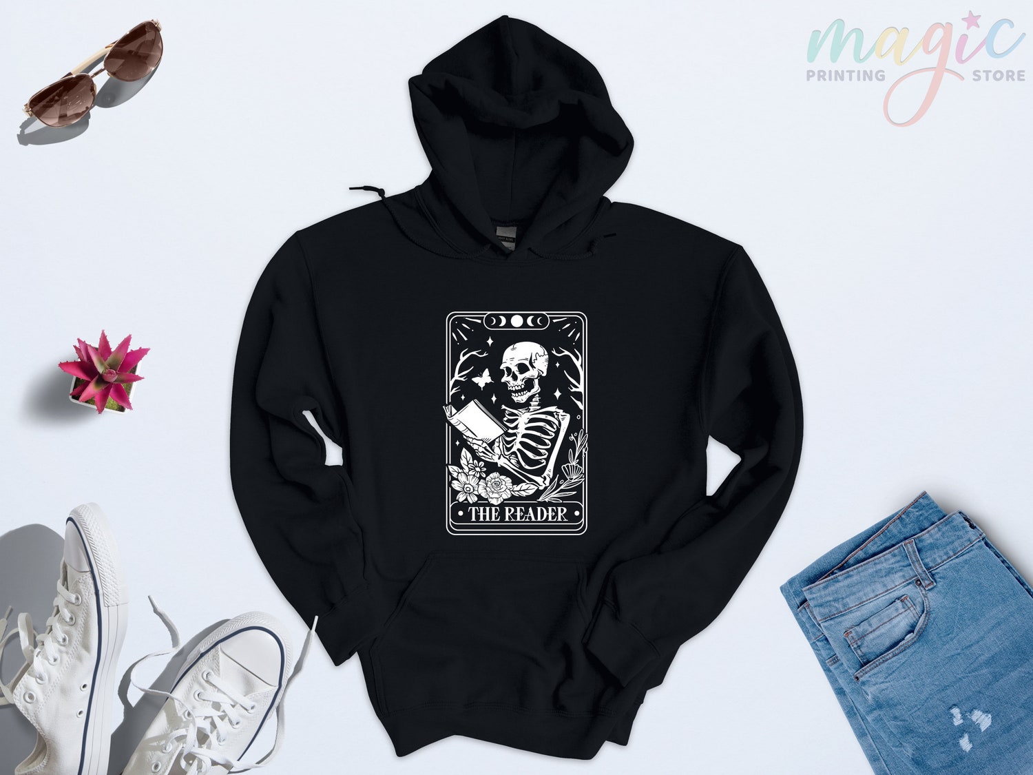 The Reader Tarot Card Skeleton Reading Book Lovers Women Flower Hoodie image 5