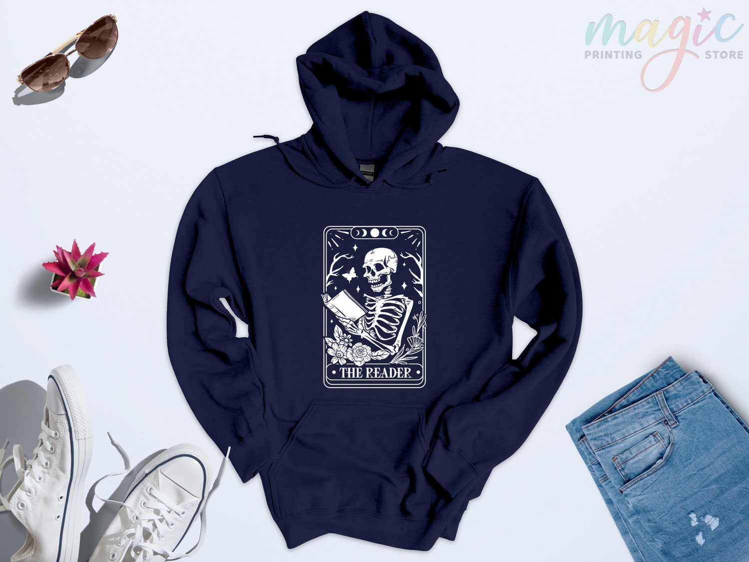 The Reader Tarot Card Skeleton Reading Book Lovers Women Flower Hoodie image 6