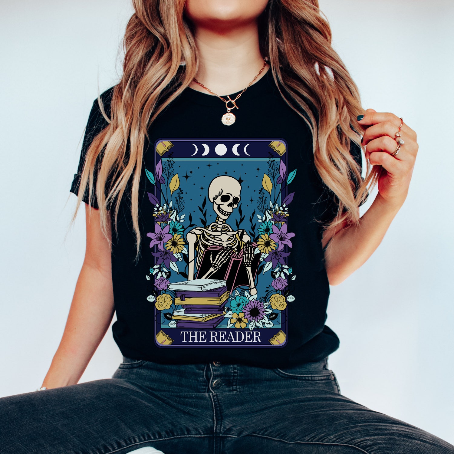 Lliterary Book Tarot Card The Reader Halloween Literature Skeleton Lover Bibliophile Shirt image 3