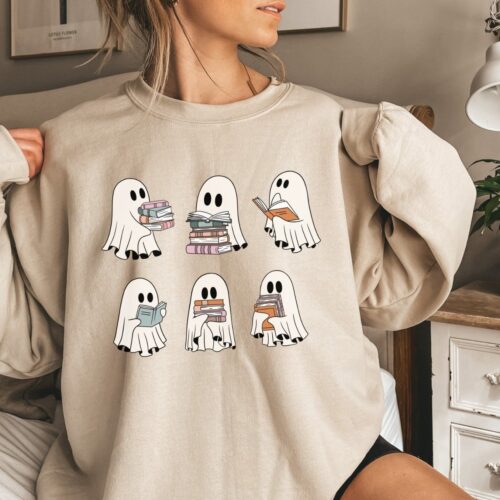 Retro Halloween Ghosts Reading Books Teacher Librarian Spooky Season Lover Sweatshirt image 0