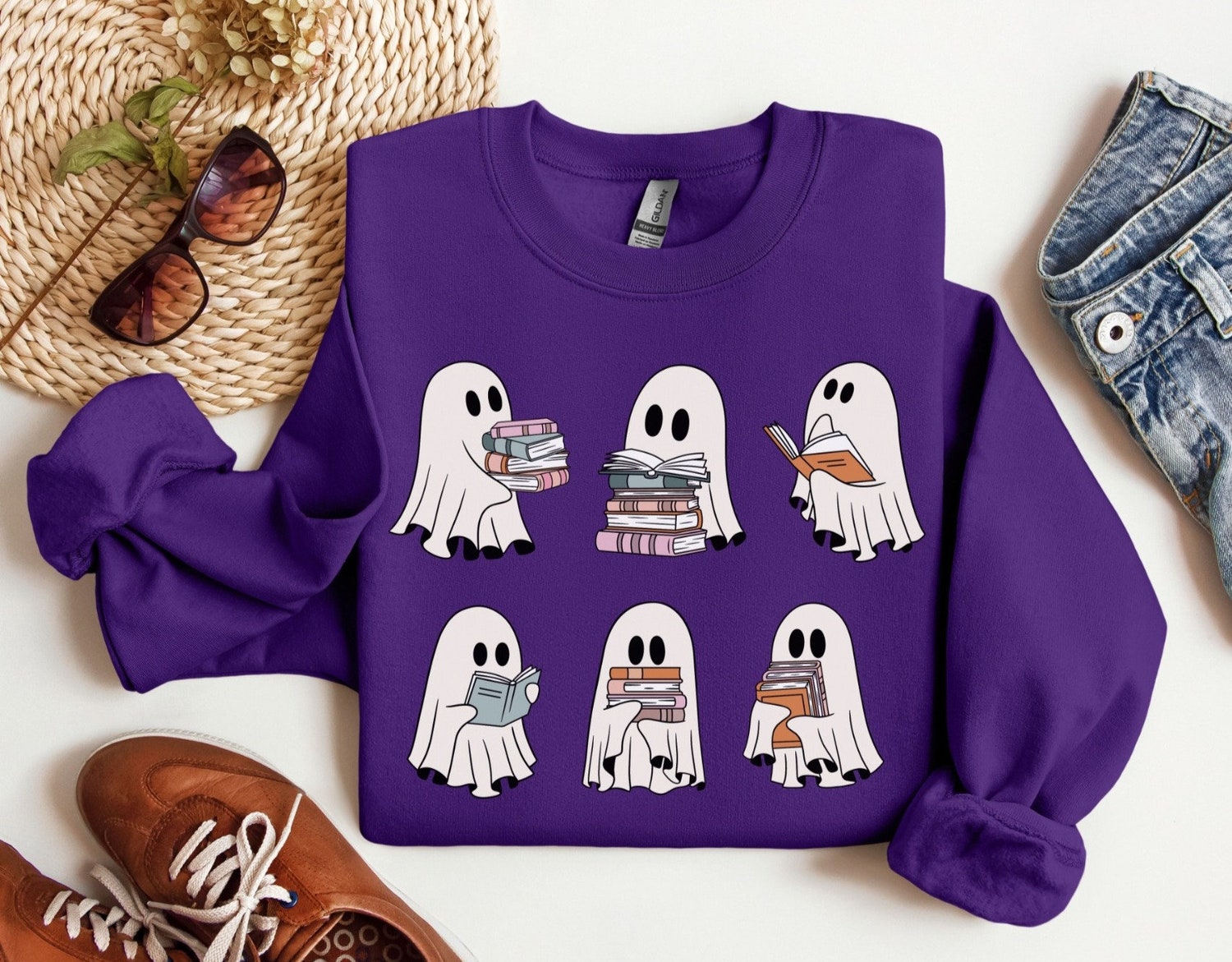 Retro Halloween Ghosts Reading Books Teacher Librarian Spooky Season Lover Sweatshirt image 2