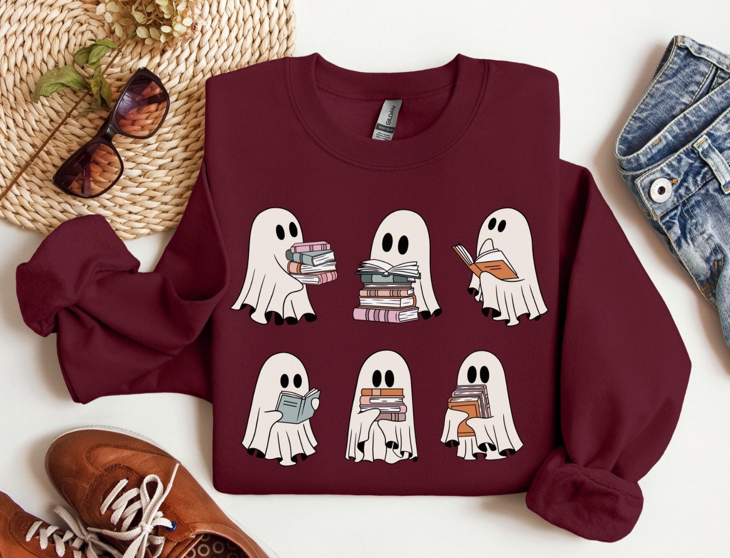 Retro Halloween Ghosts Reading Books Teacher Librarian Spooky Season Lover Sweatshirt image 3