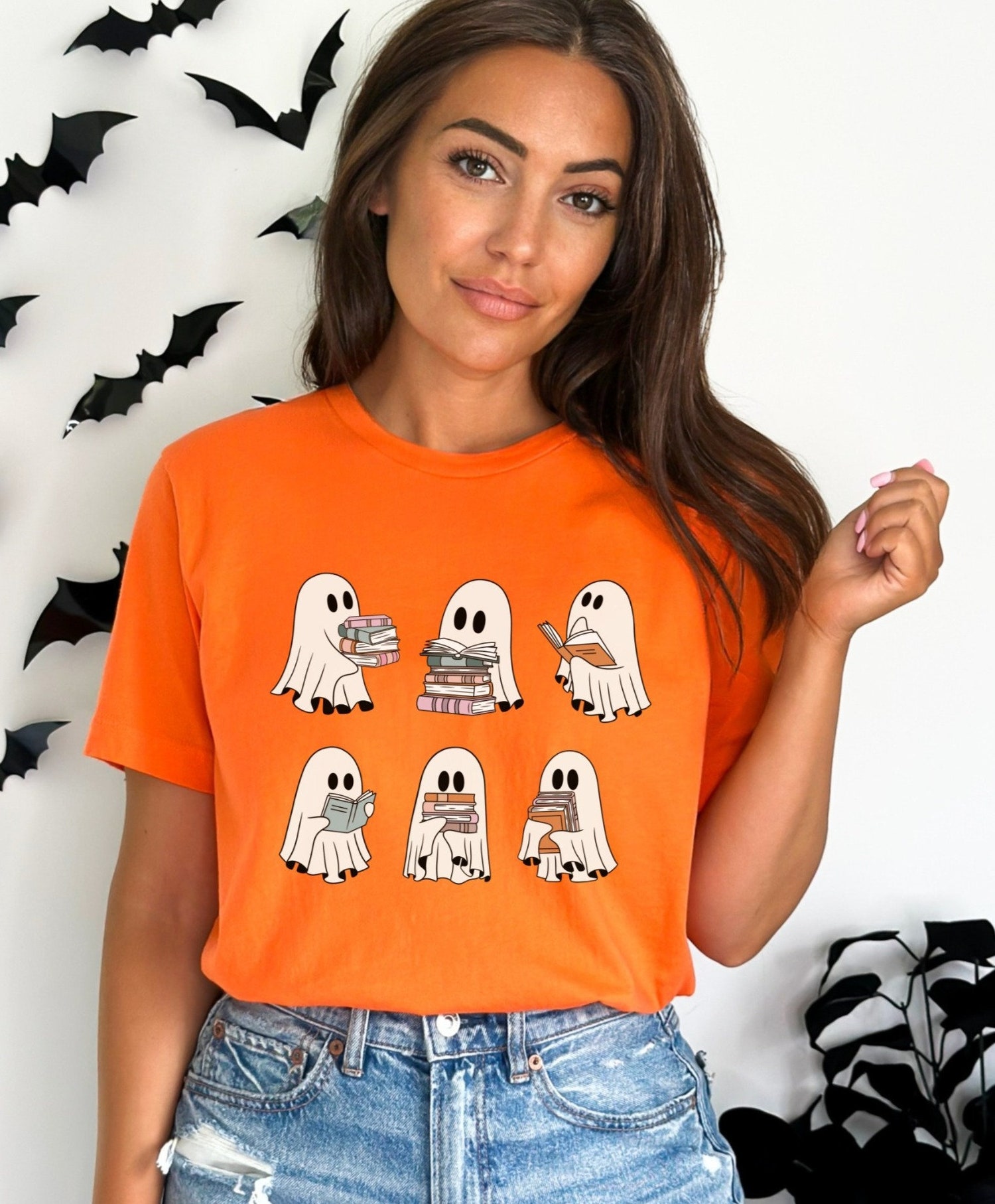 Retro Halloween Ghosts Reading Books Teacher Librarian Spooky Season Lover Sweatshirt image 5