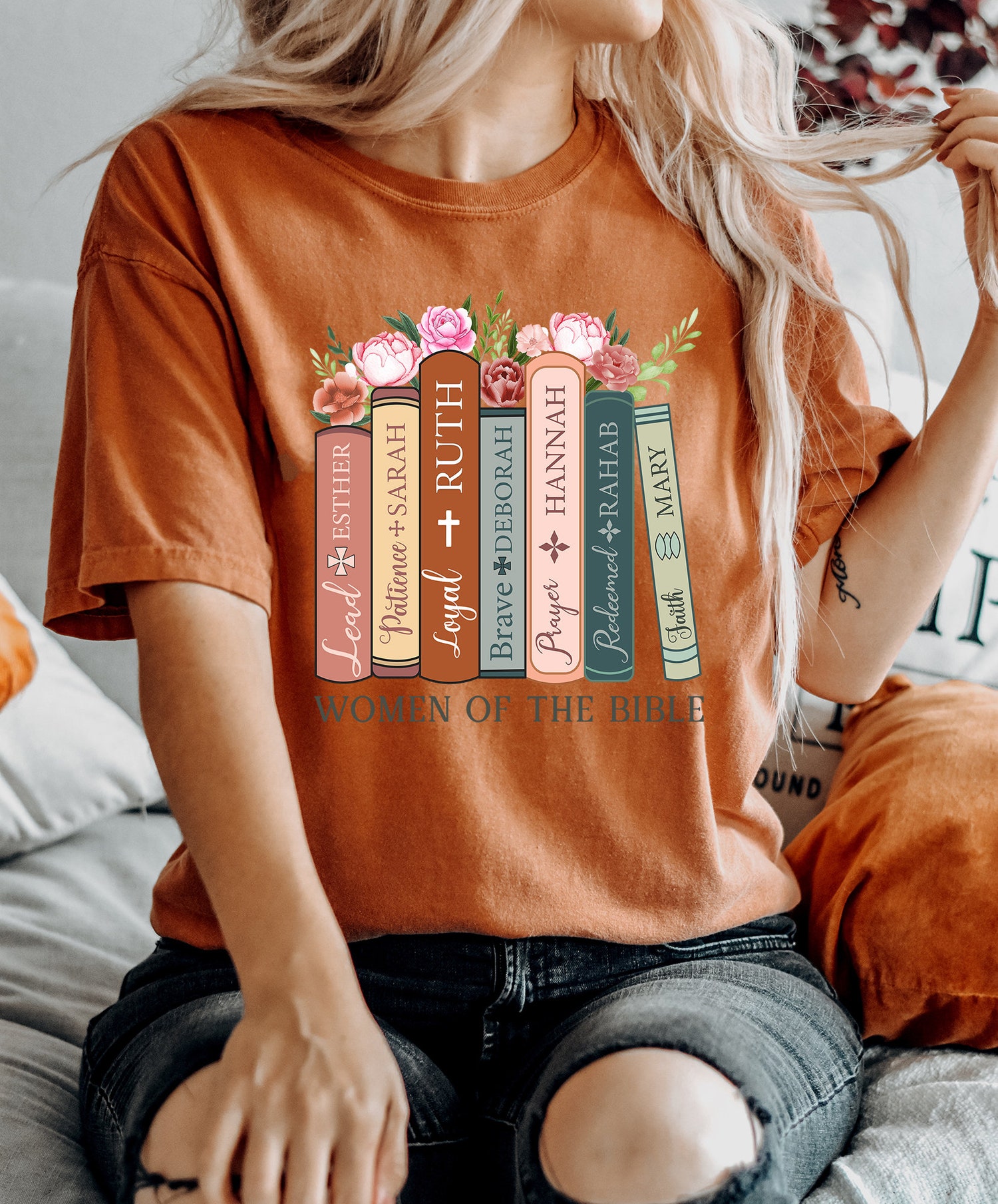 Christian Women Of The Bible Book Lover Verse Quotes Flower Floral Mom Shirt image 2